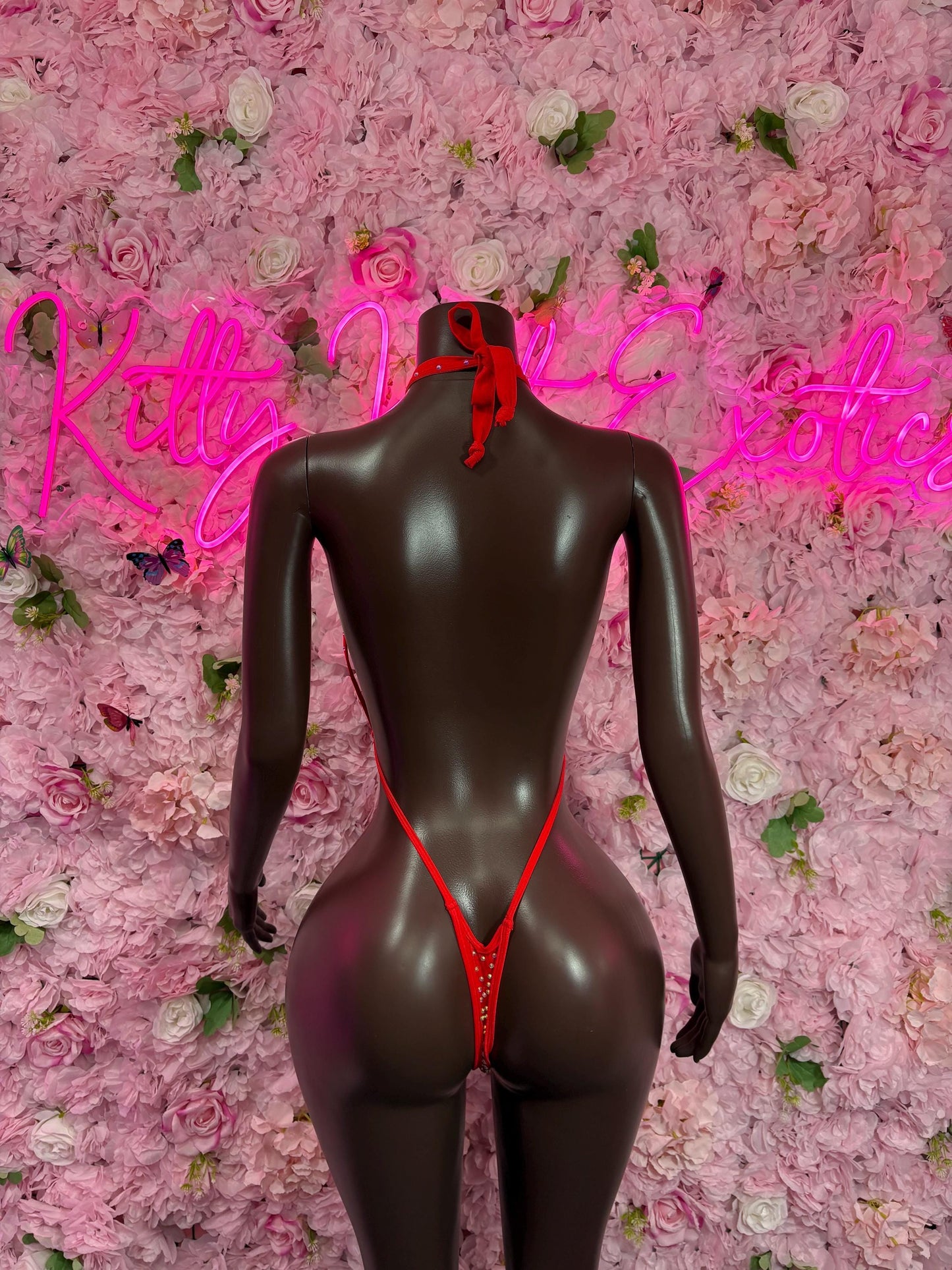Exotic Dancewear One-Piece Red Rhinestone Slingshot    -Stripper Outfit Festival wear Rave Outfit