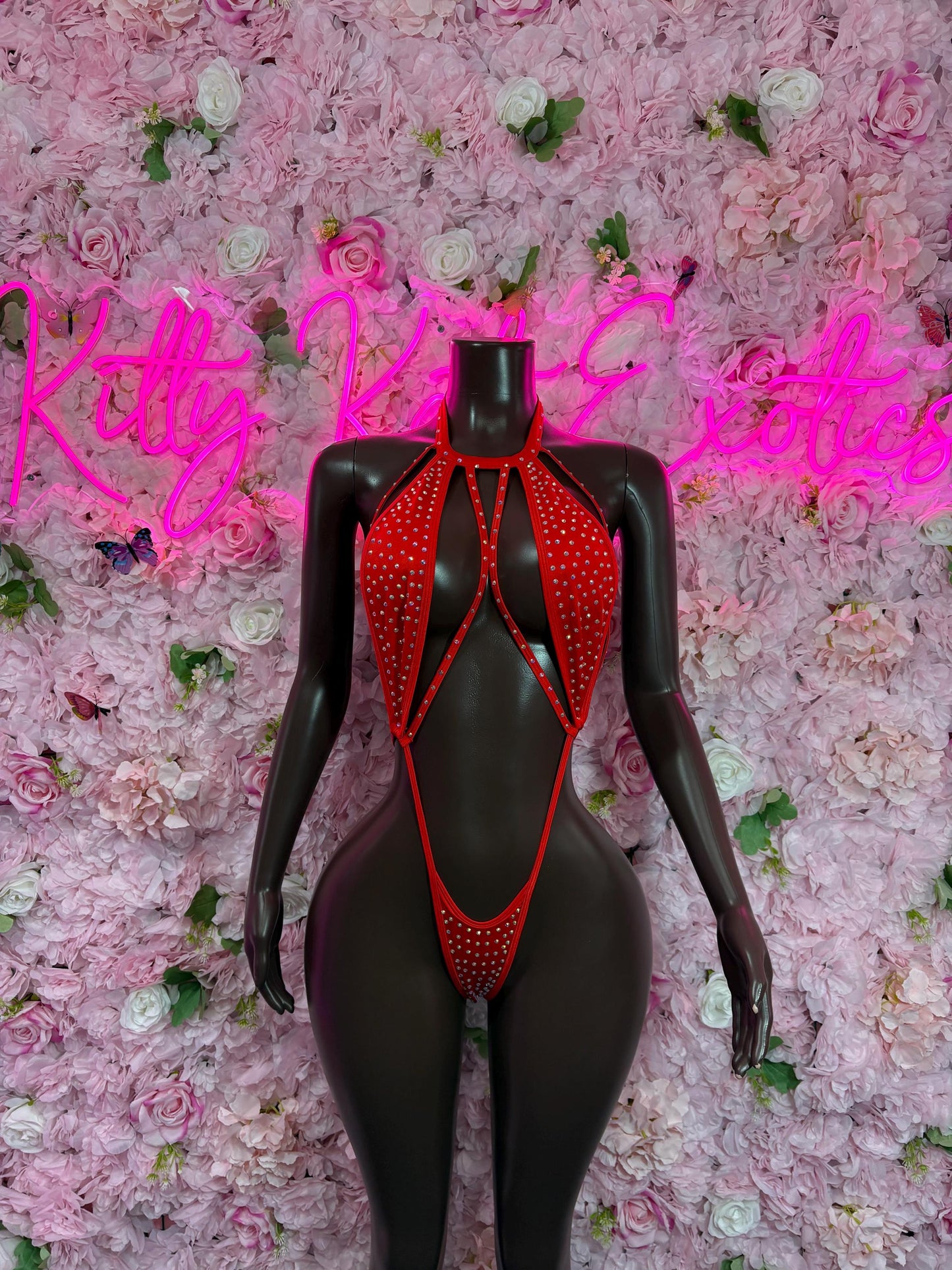 Exotic Dancewear One-Piece Red Rhinestone Slingshot    -Stripper Outfit Festival wear Rave Outfit