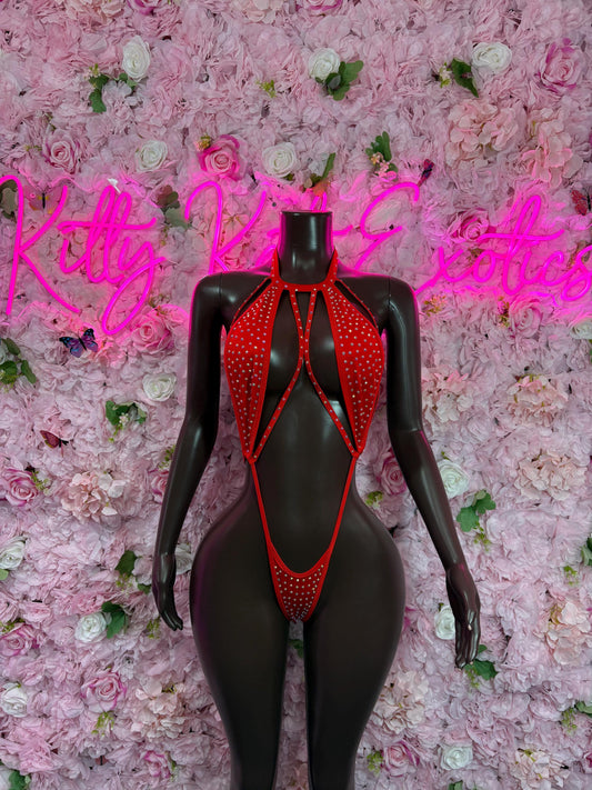 Exotic Dancewear One-Piece Red Rhinestone Slingshot    -Stripper Outfit Festival wear Rave Outfit