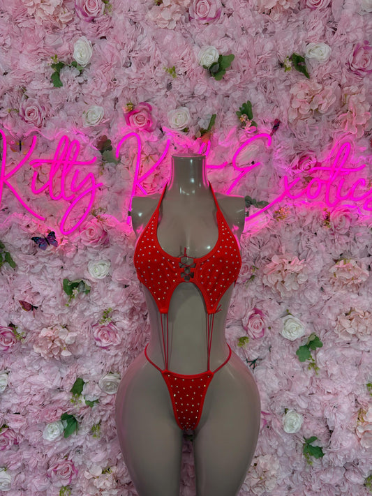 Rave Outfit Women One-Piece Red Rhinestone Slingshot    Bartender  | Exotic Dancewear Festival wear Rave Outfit