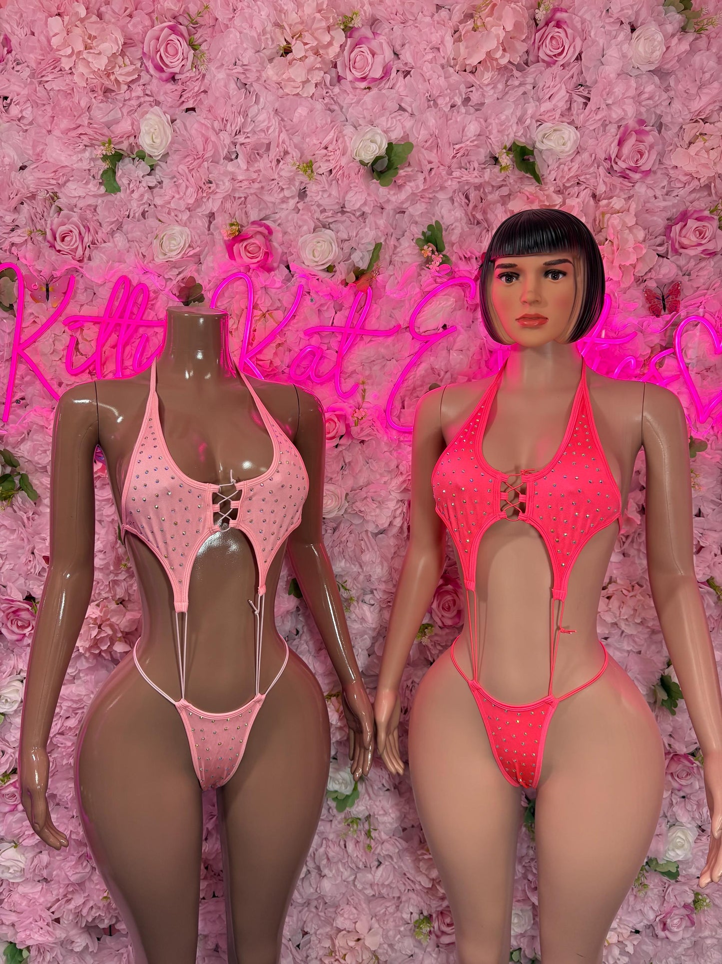 Rave Outfit Women One-Piece Pink Rhinestone Slingshot    Bartender  | Exotic Dancewear Festival wear Rave Outfit