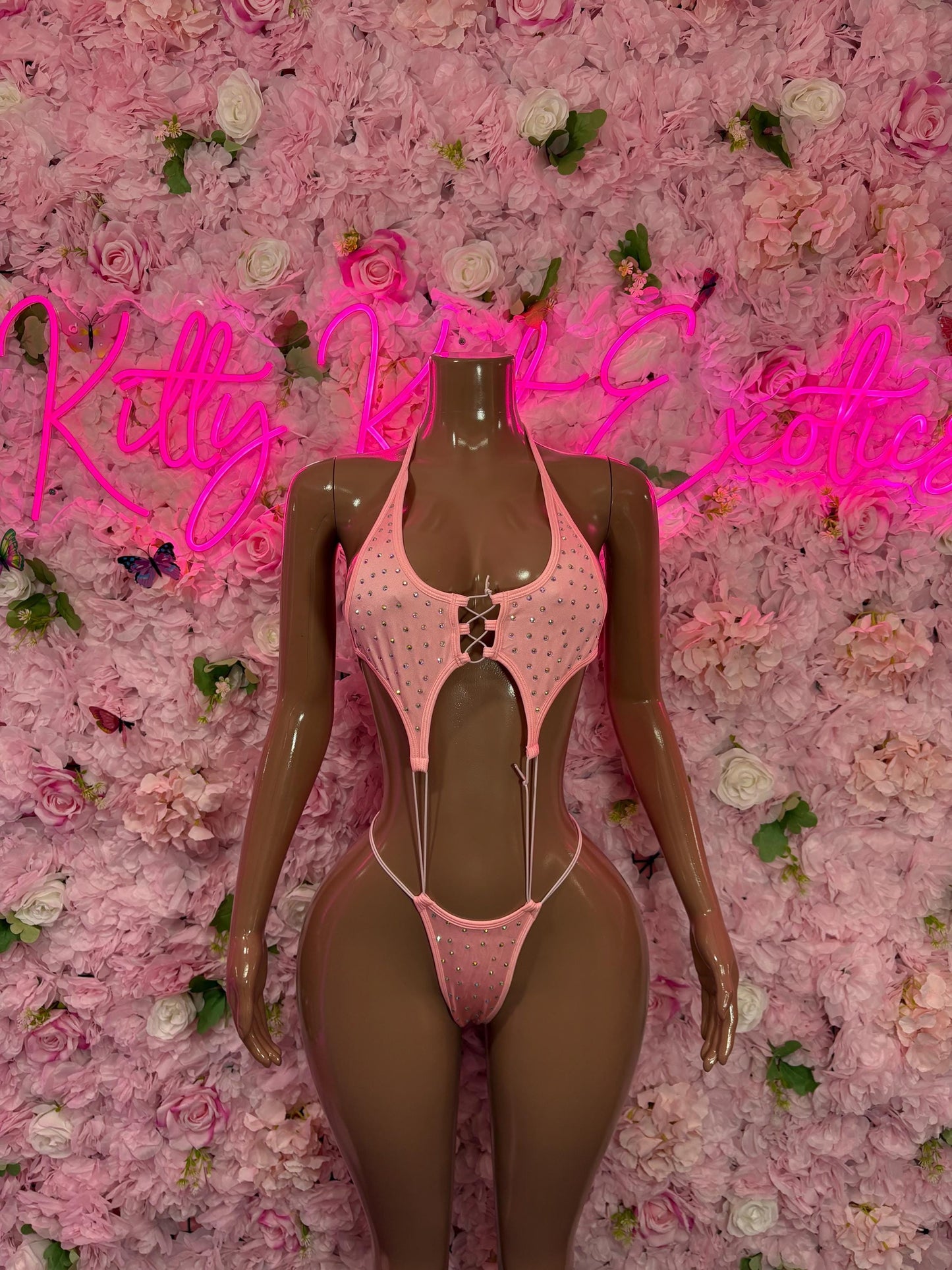 Rave Outfit Women One-Piece Pink Rhinestone Slingshot    Bartender  | Exotic Dancewear Festival wear Rave Outfit