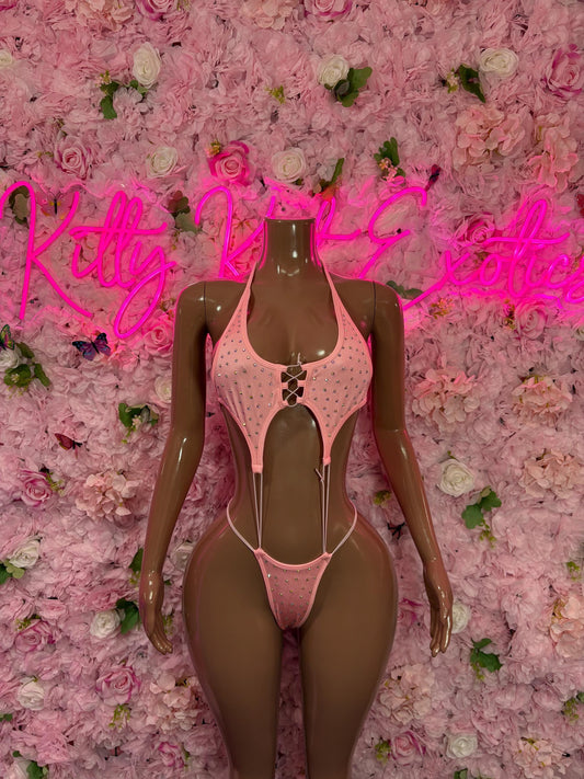 Rave Outfit Women One-Piece Pink Rhinestone Slingshot    Bartender  | Exotic Dancewear Festival wear Rave Outfit