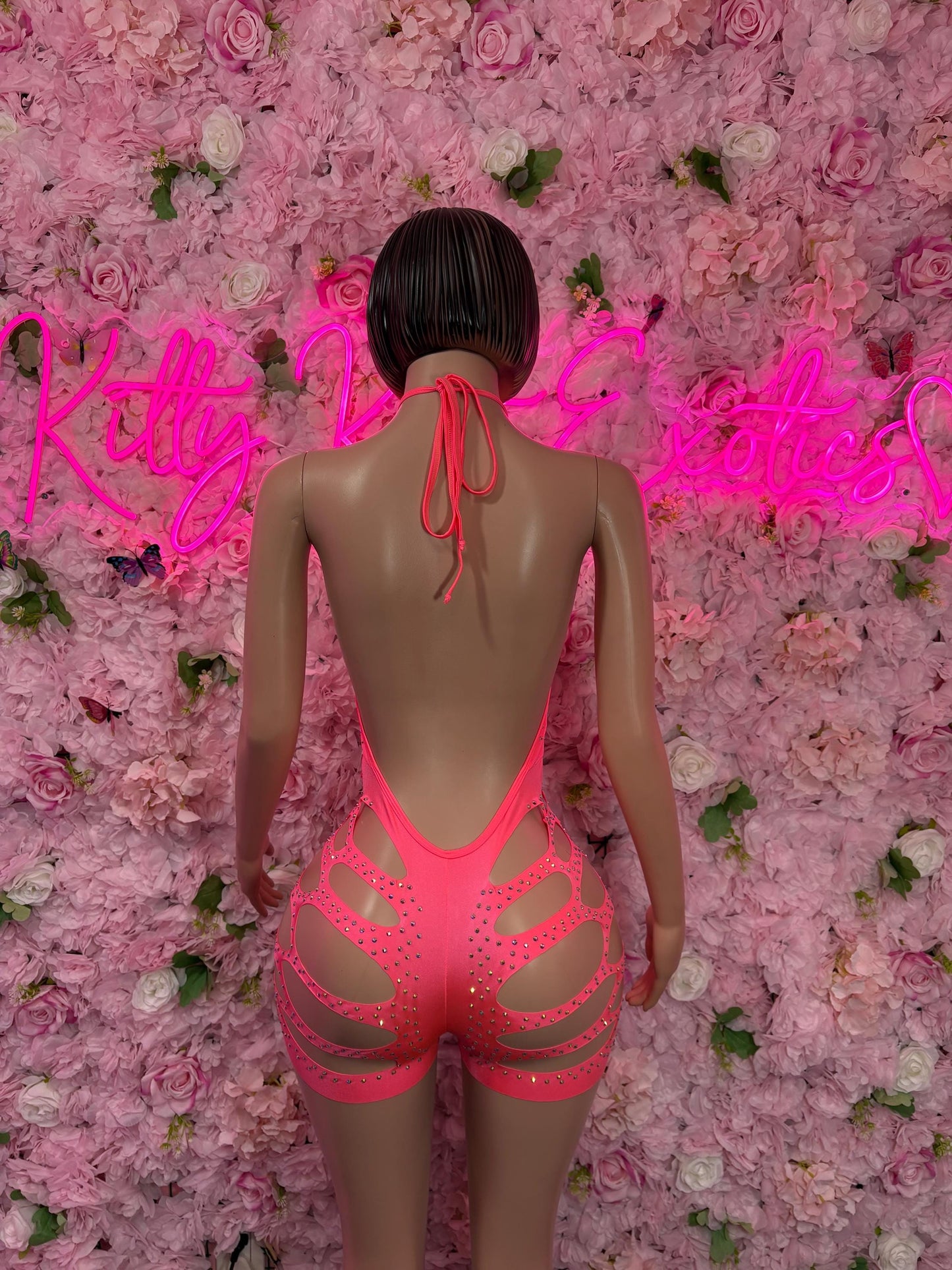 Festival Clothing One-Piece Coral Rhinestone Bodysuit     Bartender  | Exotic Dancewear Festival wear Rave Outfit