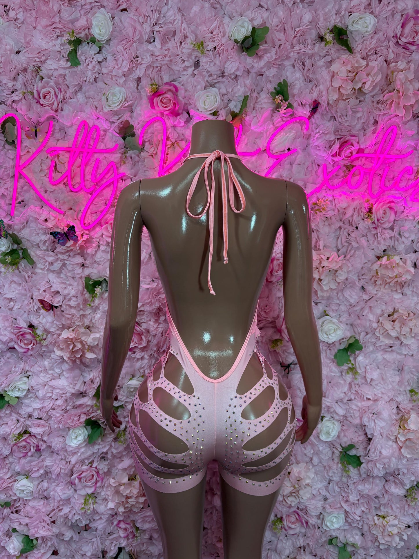 Festival Clothing One-Piece Pink Rhinestone Bodysuit     Bartender  | Exotic Dancewear Festival wear Rave Outfit