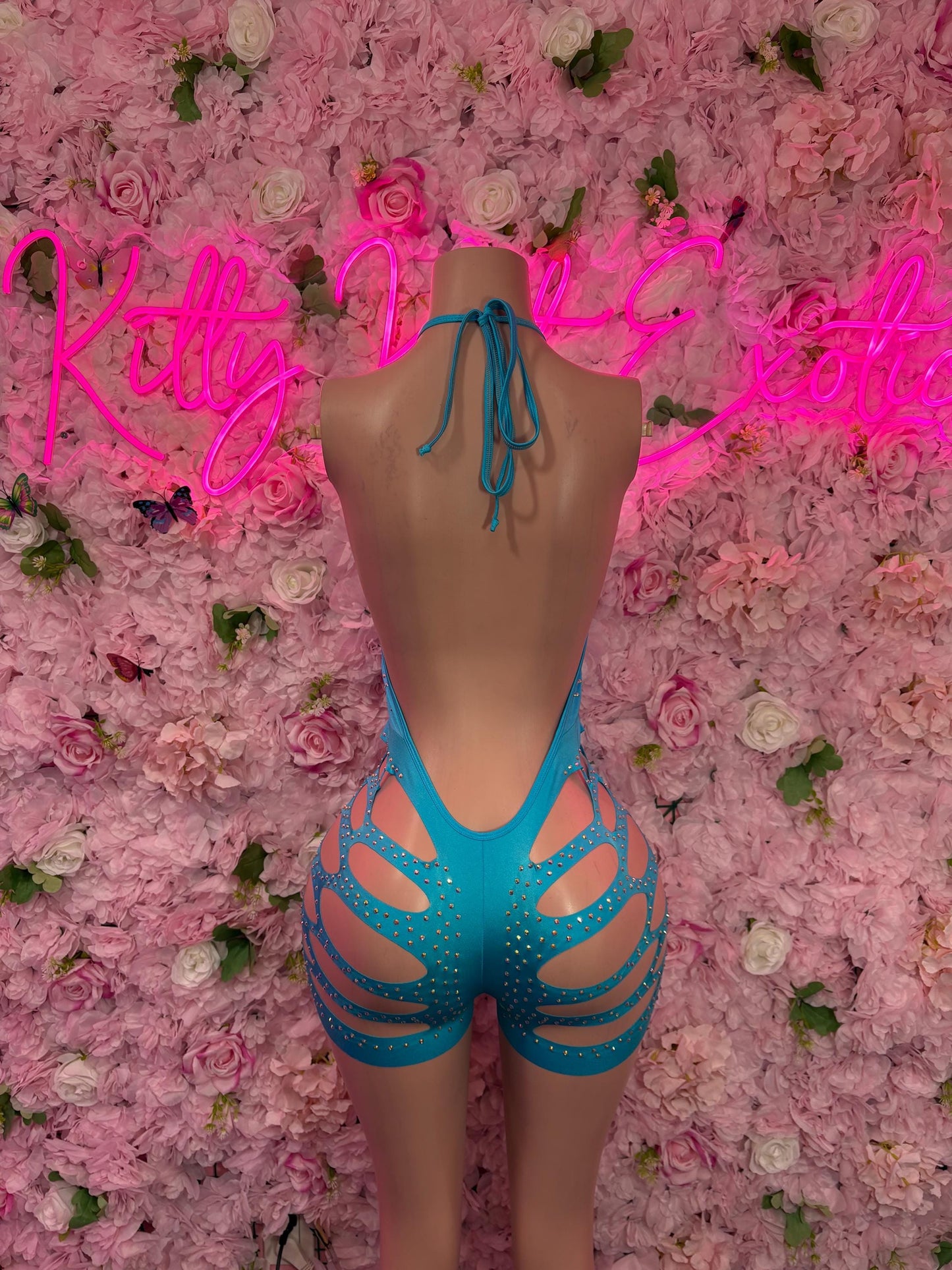 Festival Clothing One-Piece Blue Rhinestone Bodysuit     Bartender  | Exotic Dancewear Festival wear Rave Outfit