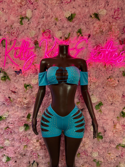 Coachella Outfit Two-Piece Blue Rhinestone Bodysuit    Bartender  | Exotic Dancewear Festival wear Rave Outfit
