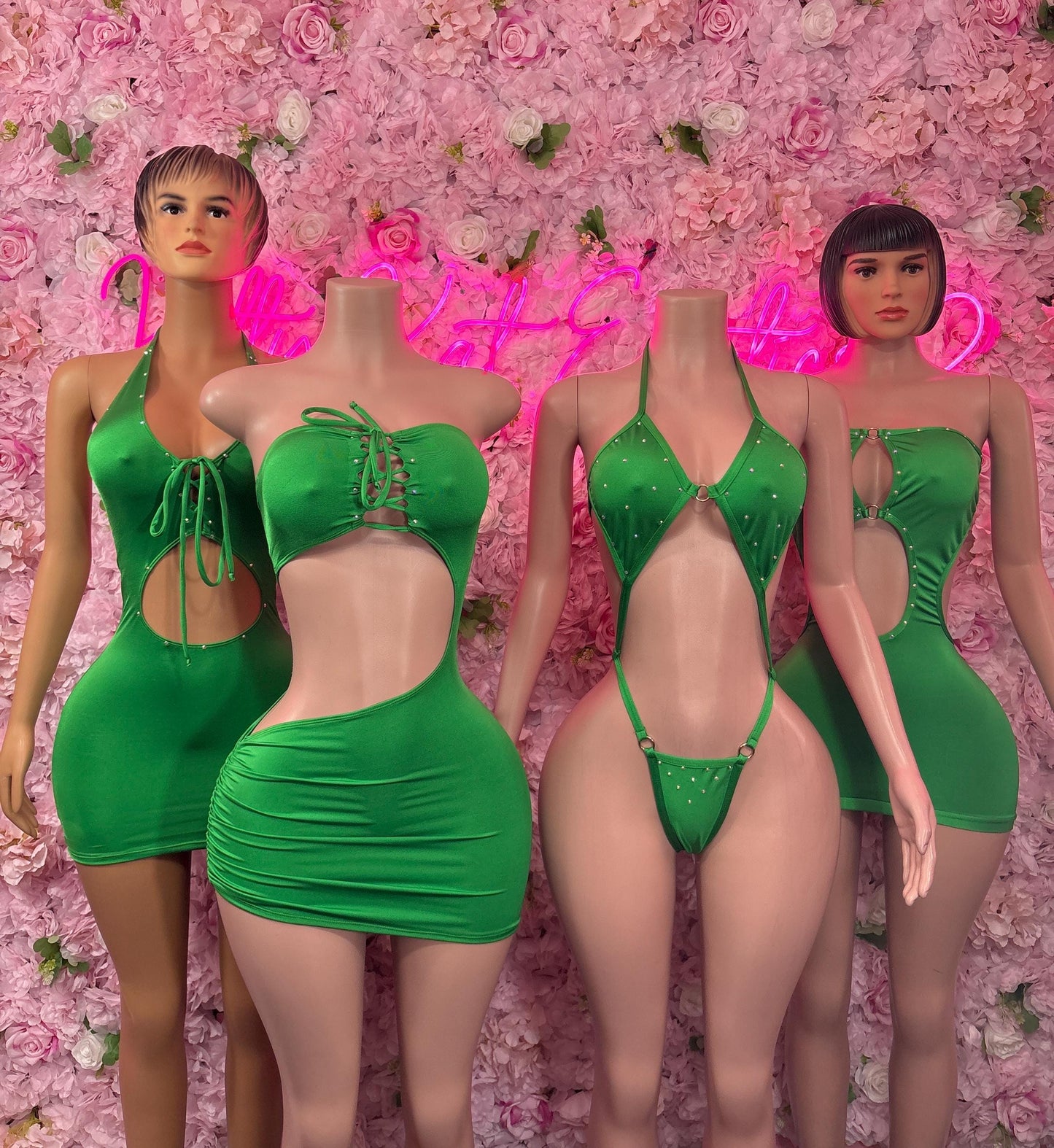 Green mini dress bundle, front bow and backless styles with string ties