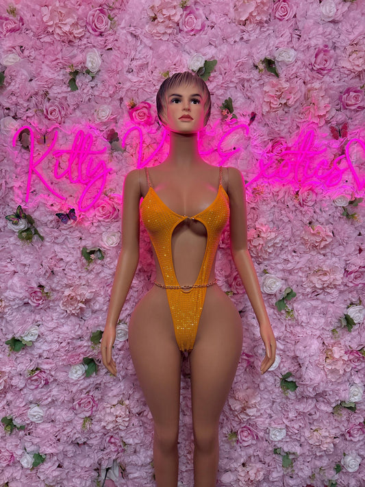 Rave Bodysuit Orange Rhinestone -  Exotic Dancewear, Bartender Sexy for Performers, Events, or Special Occasions