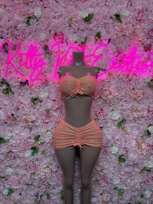Exotic Dancewear Peach Rhinestone -  Skirt Set, Bartender Sexy for Performers, Events, or Special Occasions
