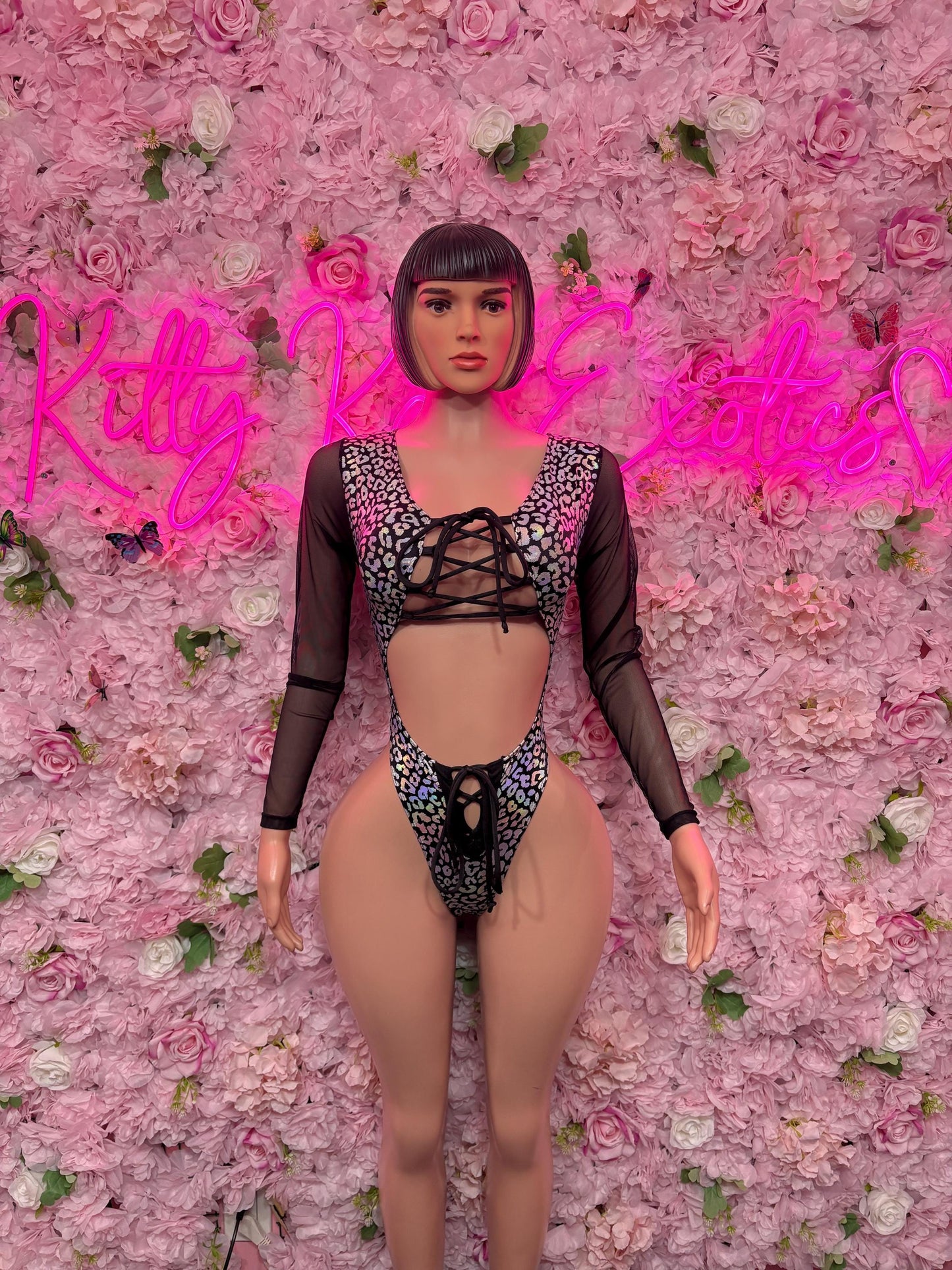 Bottle Girl One-Piece Bodysuit - Black  Metallic Cheetah Design | Exotic Dancewear for Performers, Raves, & Festival Clothing