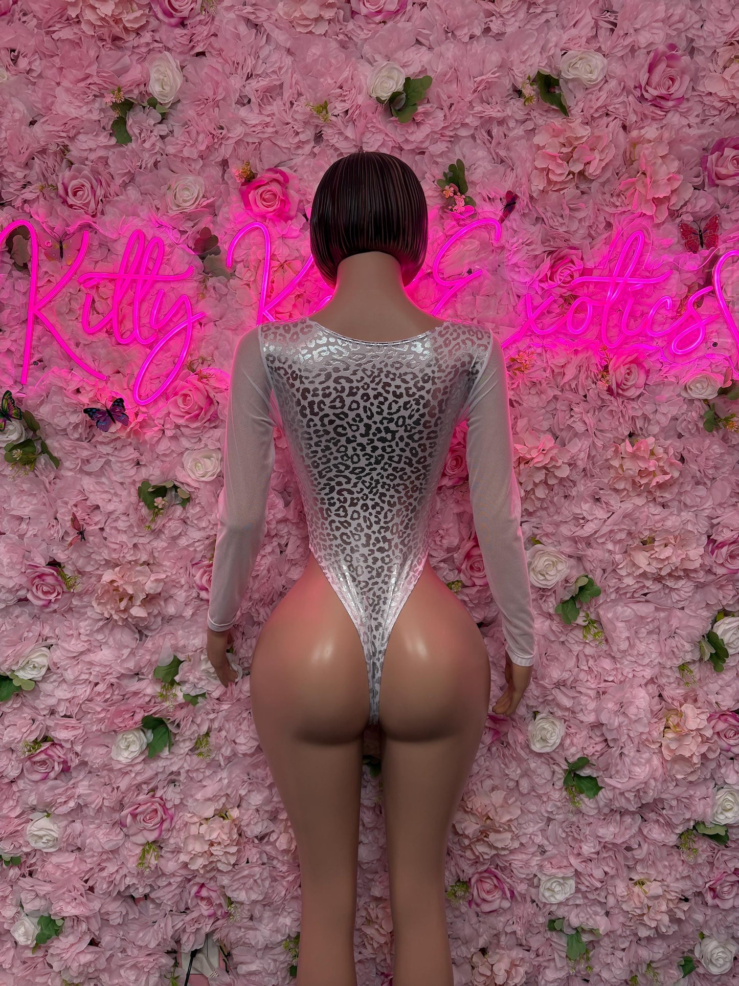 Bottle Girl One-Piece Bodysuit - White  Metallic Cheetah Design | Exotic Dancewear for Performers, Raves, & Festival Clothing