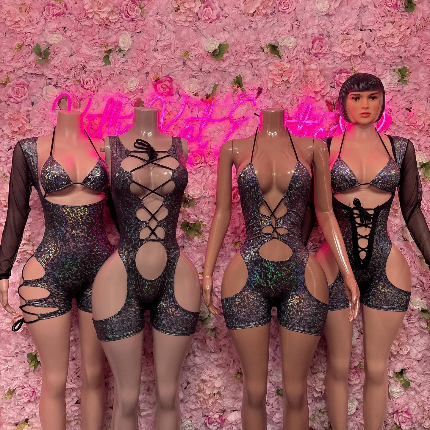 Bartender Uniform One-Piece Bodysuit - Black  Metallic Hologram Design | Exotic Dancewear for Performers, Raves, & Festival Clothing