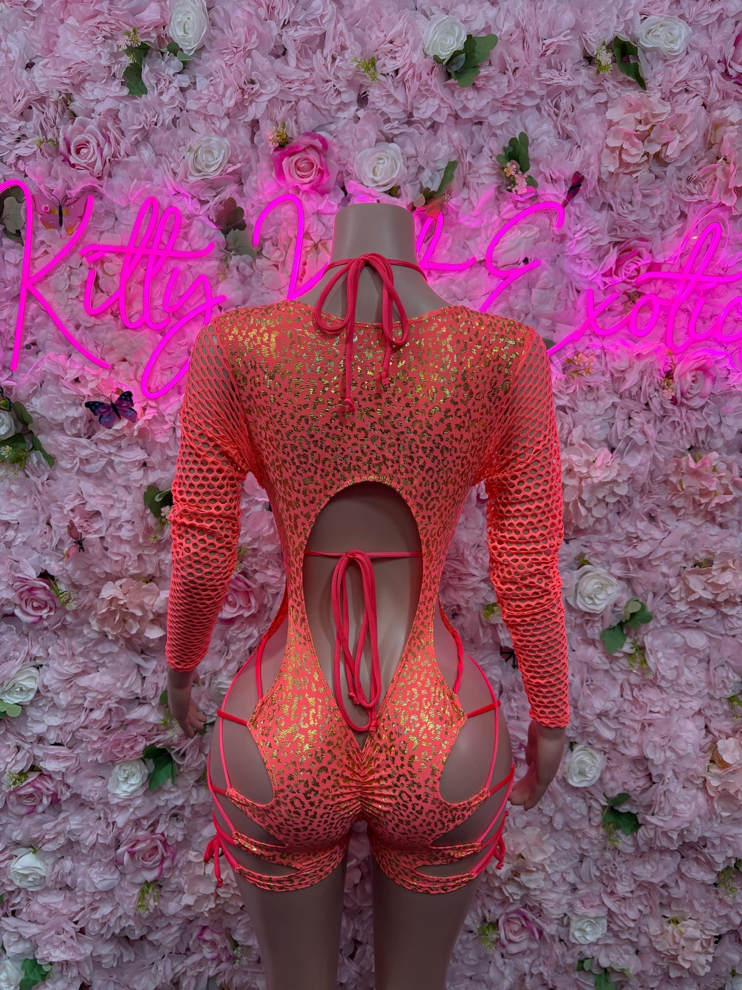 Bartender Uniform One-Piece Coral Cheetah Print Bodysuit - Hologram Design | Exotic Dancewear for Performers, Raves