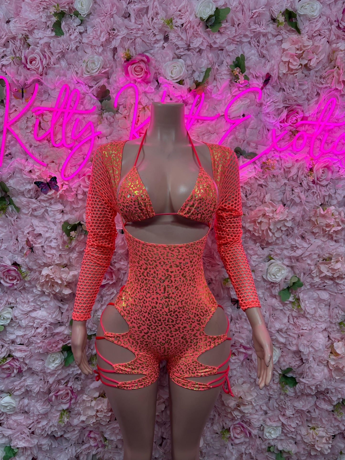 Bartender Uniform One-Piece Coral Cheetah Print Bodysuit - Hologram Design | Exotic Dancewear for Performers, Raves