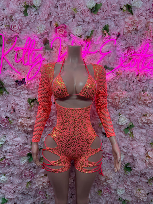 Bartender Uniform One-Piece Coral Cheetah Print Bodysuit - Hologram Design | Exotic Dancewear for Performers, Raves