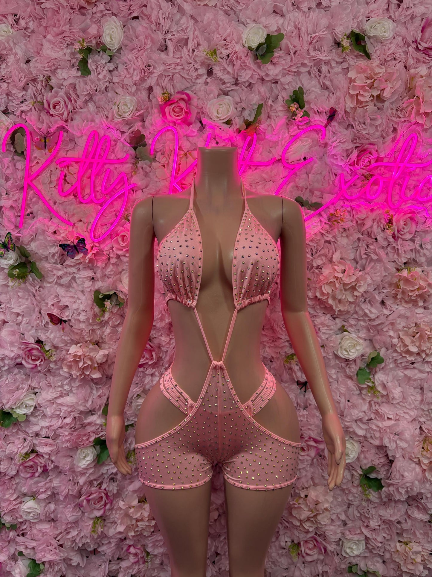 Dance Costume - One Piece Pink Rhinestone Bodysuit - Rave Outfit Festival Outfit, EDM Dancewear