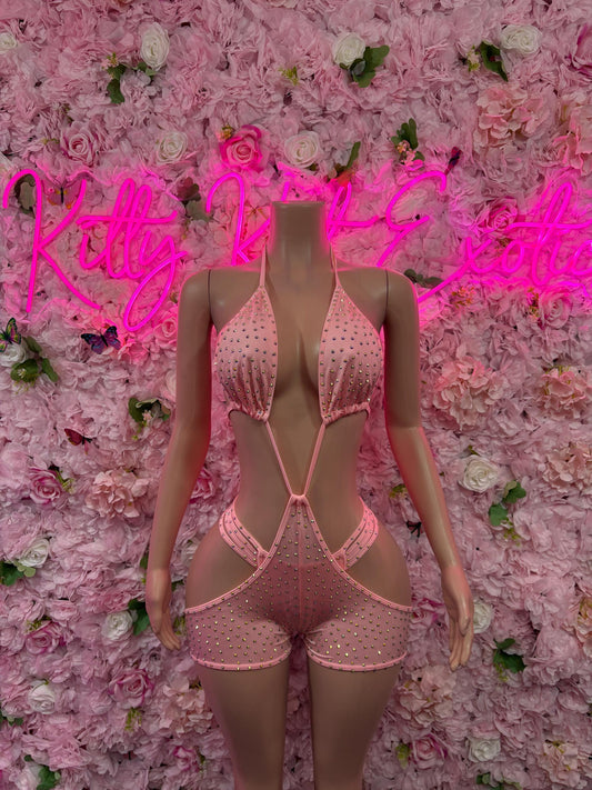 Dance Costume - One Piece Pink Rhinestone Bodysuit - Rave Outfit Festival Outfit, EDM Dancewear