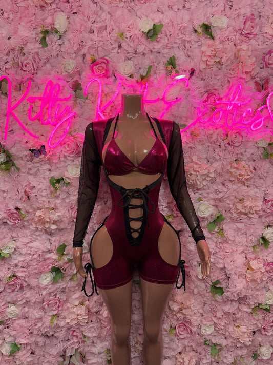 Bottlegirl Outfit One Piece Burgundy Bodysuit -  Exotic Dancewear, Bartender Sexy for Performers, Events, or Special Occasions