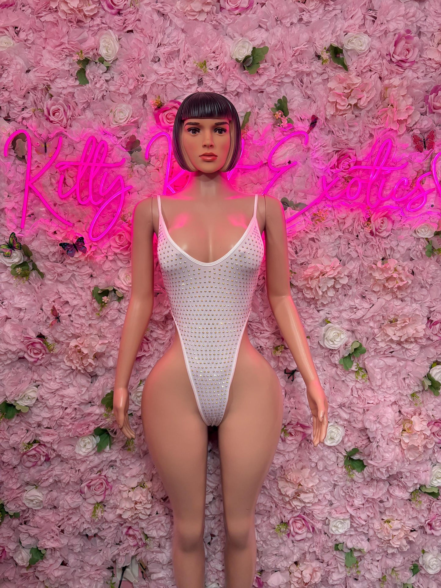 Rave Outfit One Piece White Rhinestone  Bodysuit -  Exotic Dancewear, Bartender Sexy for Performers,