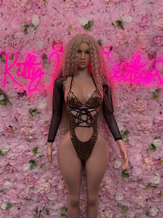 Bottle Girl One-Piece Bodysuit - Gold  Metallic Cheetah Design | Exotic Dancewear for Performers, Raves, & Festival Clothing