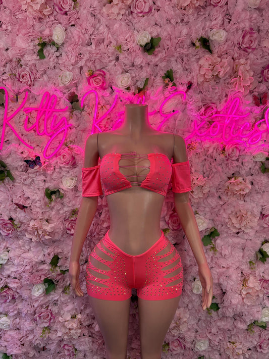 Exotic Dancewear Two-Piece Coral  Rhinestone Bodysuit  Rave Outfit | Festival wear