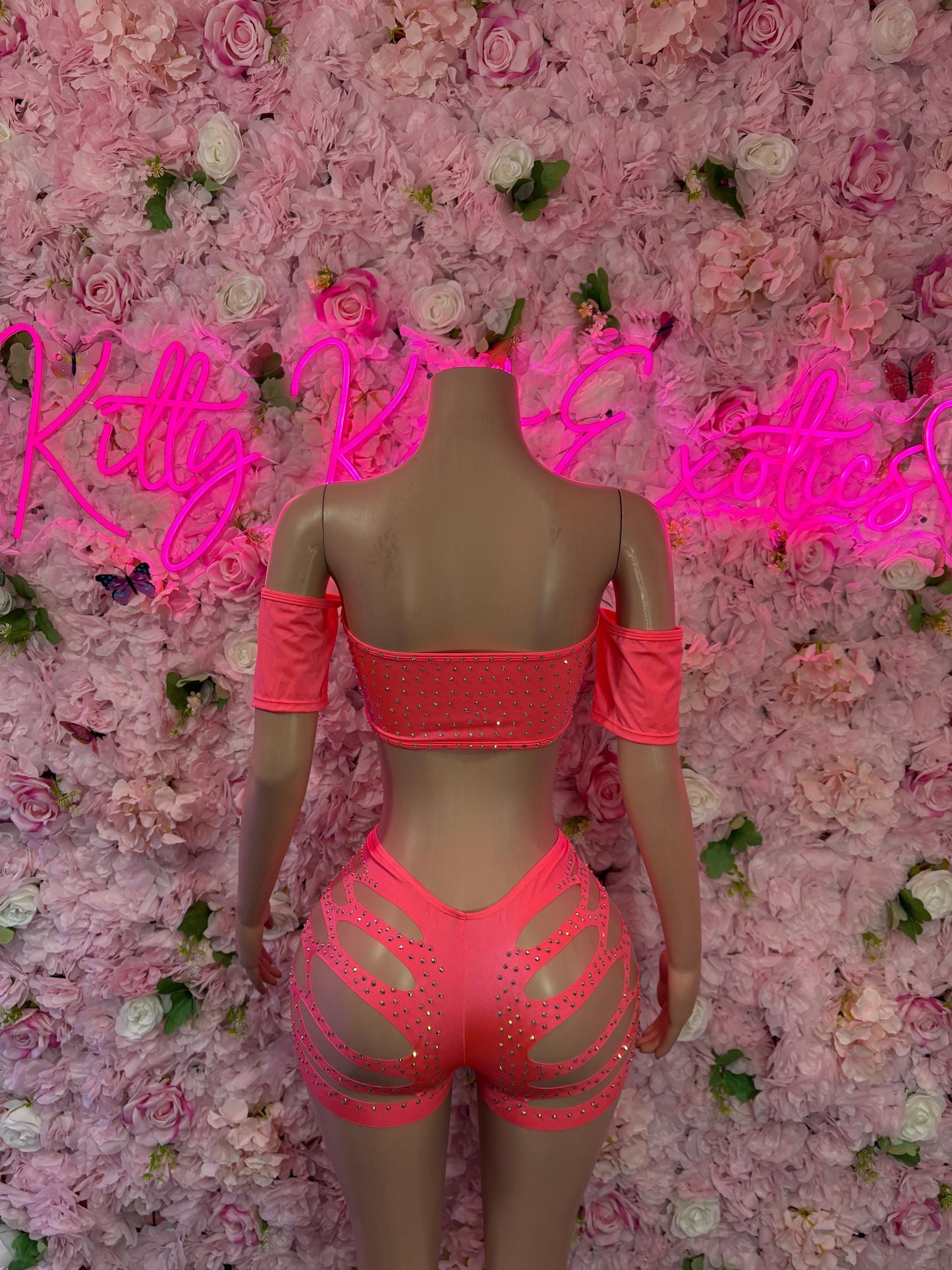 Exotic Dancewear Two-Piece Coral  Rhinestone Bodysuit  Rave Outfit | Festival wear