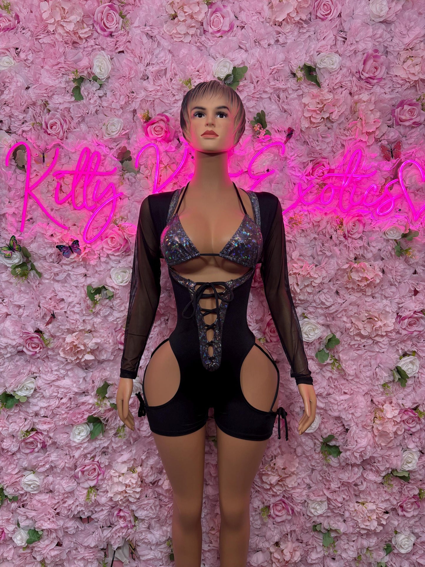 Custom Bottlegirl Outfit One Piece Black Metallic Bodysuit -  Exotic Dancewear, Bartender Sexy for Performers, Events, or Special Occasions