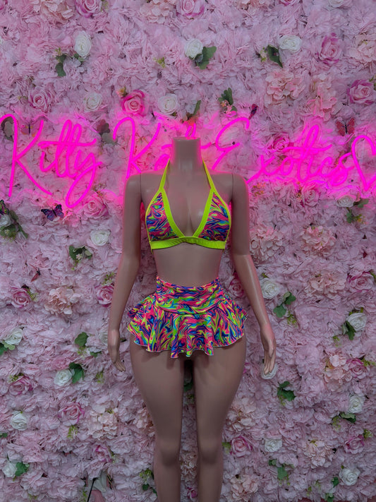 Rave Outfit Two Piece Multicolor Skirt Set -  Elegant and Sexy for Performers, Events, or Special Rave Outfit