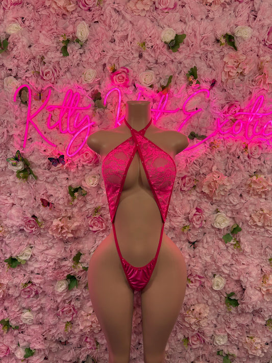 Exotic Dancewear Pink Slingshot Lace Bodysuit Set  Stripper Outfit, Clubwear, Rave & Performance Costume