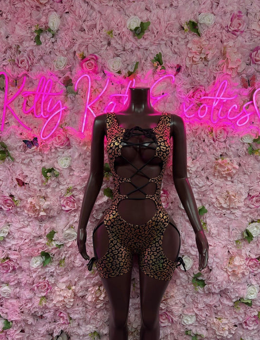 Bottle Girl One-Piece Bodysuit - Gold  Metallic Cheetah Design | Exotic Dancewear for Performers, Raves, & Festival Clothing