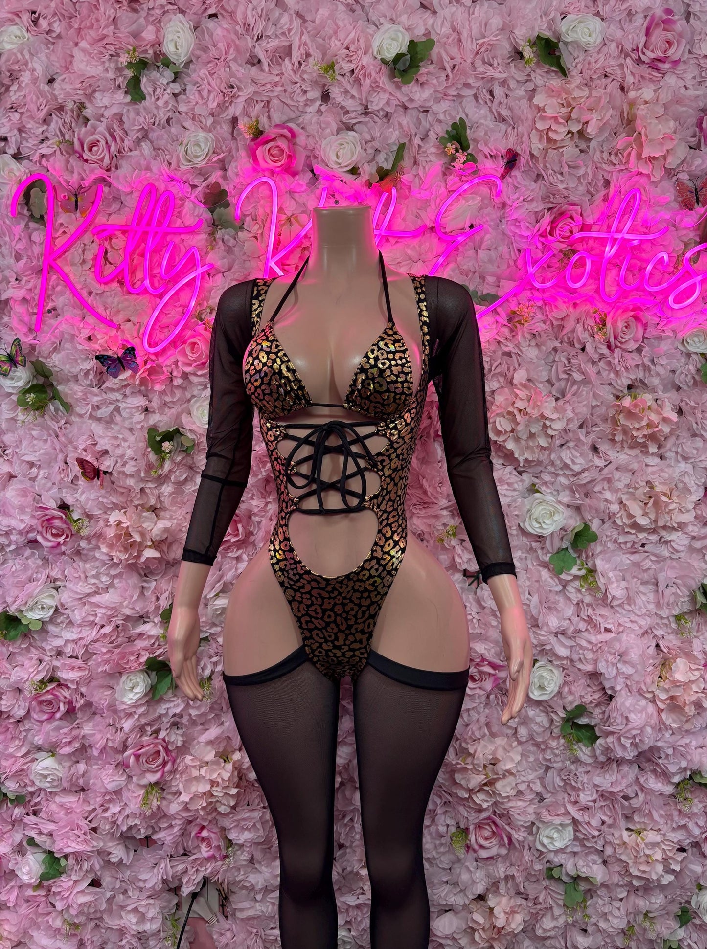 Exotic Dancewear One-Piece Bodysuit - Gold  Metallic Cheetah Design | Exotic Dancewear for Performers, Raves, & Festival Clothing