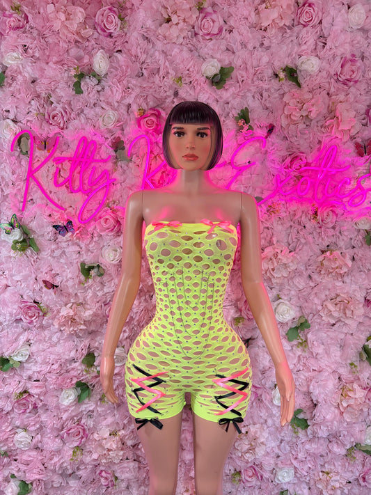 Rave Outfit One Piece Fishnet Neon Yellow Dancewear Exoticwear Festival wear