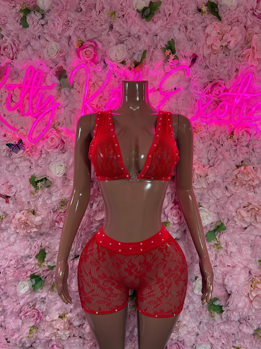 Exotic Dancer Two-Piece Fishnet Bodysuit - Red  | Exotic Dancewear for Performers, Raves, & Festival Clothing