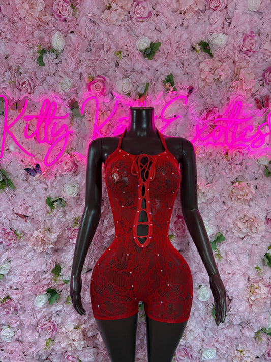 Exotic Dancer One - Piece Fishnet Bodysuit - Red  | Exotic Dancewear for Performers, Raves, & Festival Clothing