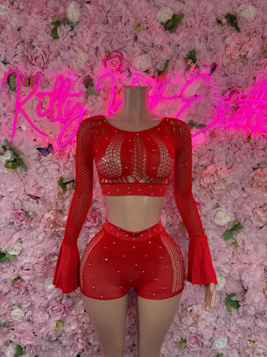 Exotic Dancer Two - Piece Fishnet Bodysuit - Red  | Exotic Dancewear for Performers, Raves, & Festival Clothing