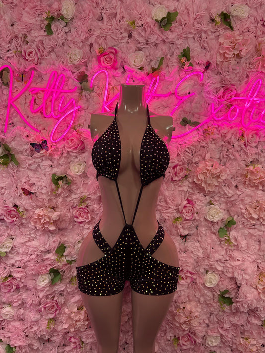 Exotic Dancewear One-Piece Black Rhinestone Bodysuit    Bartender  | Exotic Dancewear Festival wear Rave Outfit