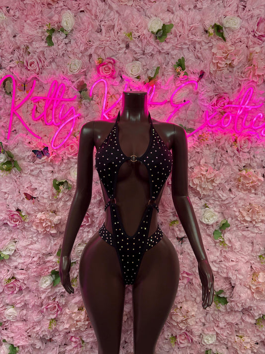 Rave Oufit One-Piece Black Rhinestone Bodysuit    Bartender  | Exotic Dancewear Festival wear Rave Outfit