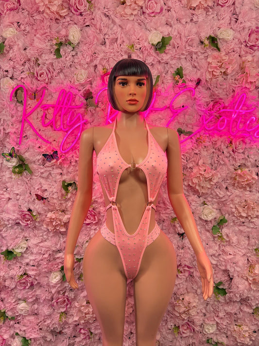 Exotic Dancewear One-Piece Pink Rhinestone Bodysuit    Bartender  | Exotic Dancewear Festival wear Rave Outfit