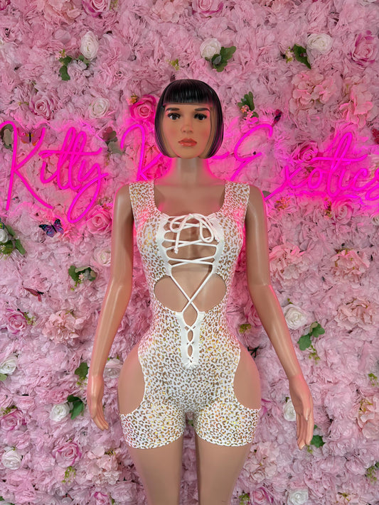 Bottle Girl One-Piece Bodysuit -  White gold Cheetah  Design | Exotic Dancewear for Performers, Raves, & Nights Out