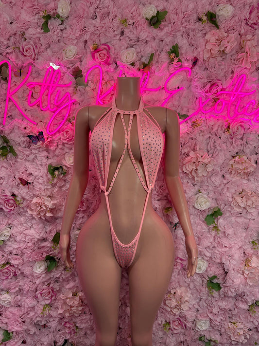 Rave Outfit One-Piece Pink Rhinestone Slingshot    Bartender -Stripper Outfit Festival wear Rave Outfit