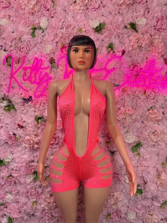 Festival Clothing One-Piece Coral Rhinestone Bodysuit     Bartender  | Exotic Dancewear Festival wear Rave Outfit