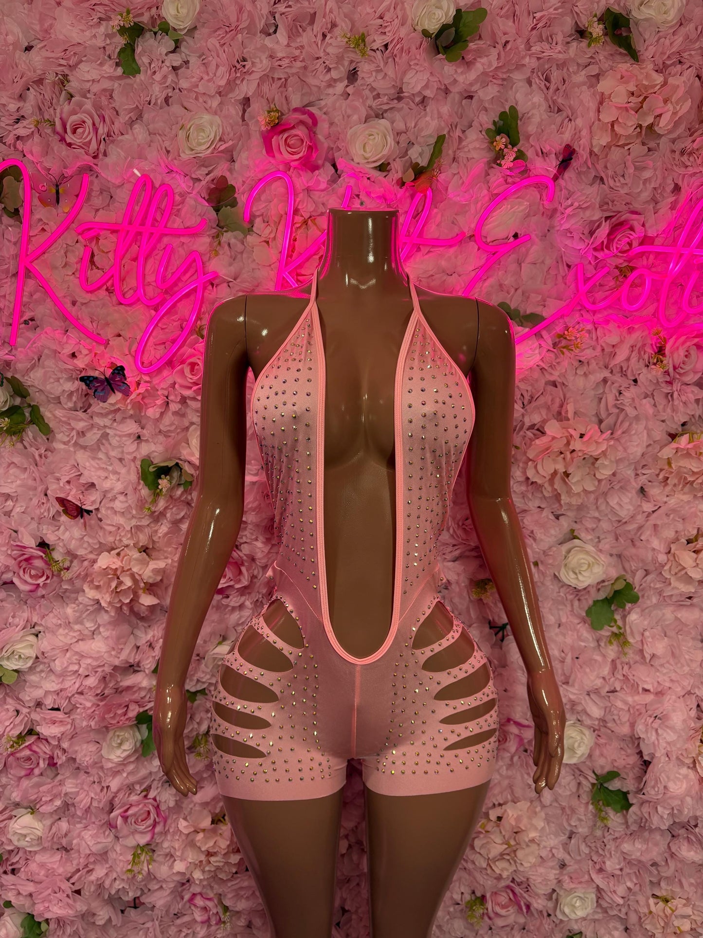 Festival Clothing One-Piece Pink Rhinestone Bodysuit     Bartender  | Exotic Dancewear Festival wear Rave Outfit