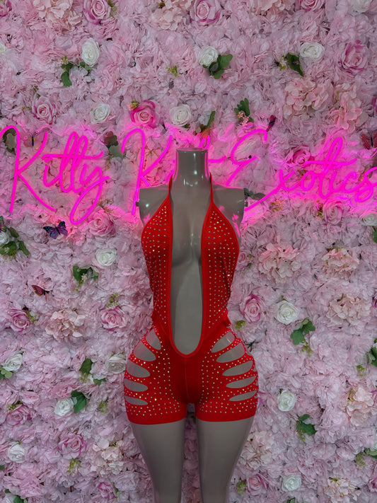 Rhinestone Bodysuit  One-Piece Red| Exotic Dancewear Festival wear Rave Outfit