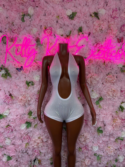 Exotic Dancewear One-Piece White Rhinestone Bodysuit  Rave Outfit | Festival wear