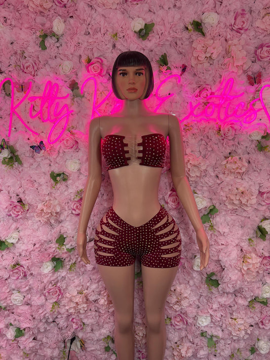 Exotic Dancewear Two-Piece Burgundy Rhinestone Costume  Sparkly Stripper Outfit, Go-Go Dancer Set, Festival & Rave Wear