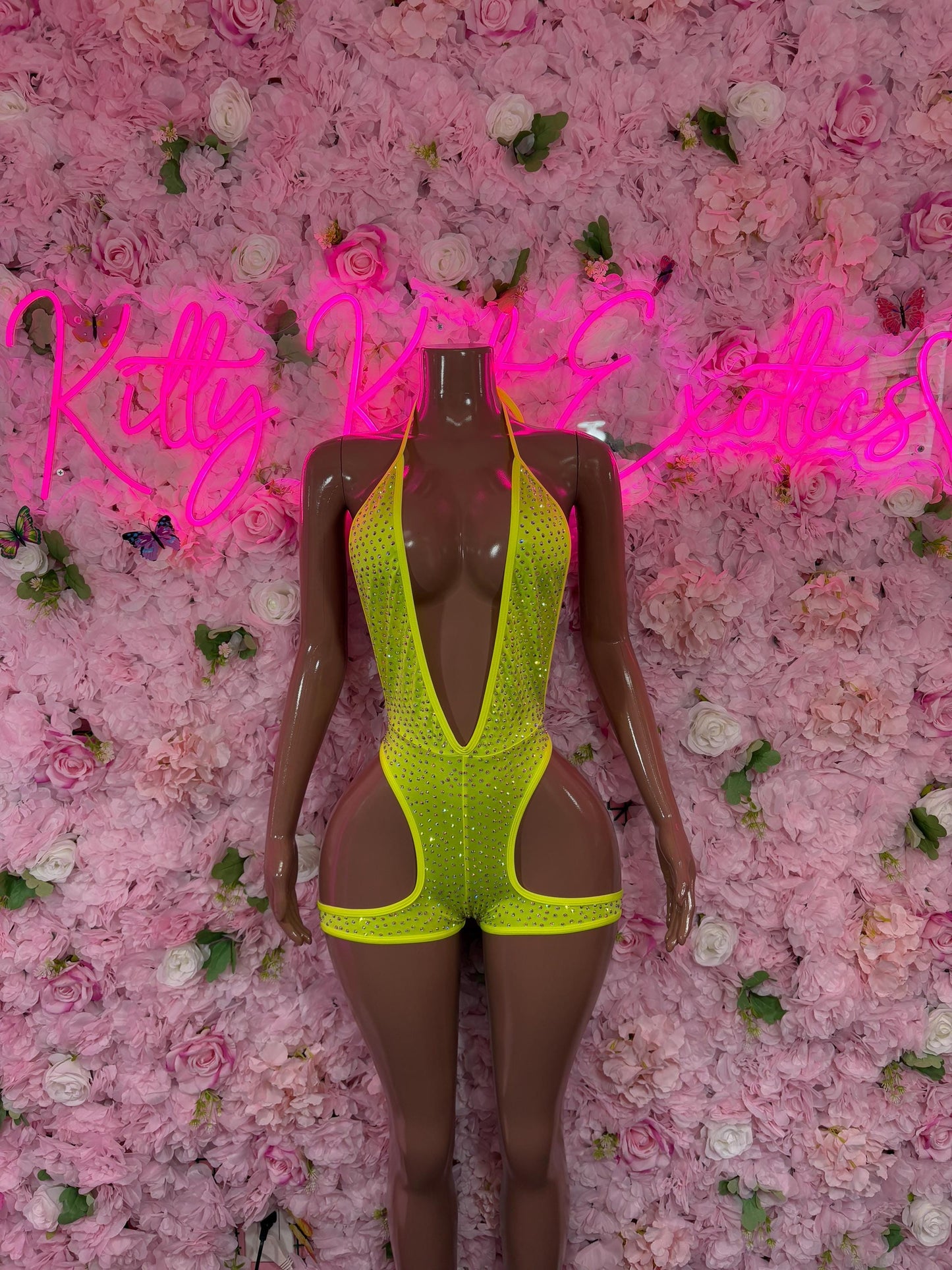 Exotic Dancewear One-Piece Neon Rhinestone Costume  Sparkly Stripper Outfit, Go-Go Dancer Set