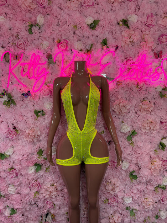 Exotic Dancewear One-Piece Neon Rhinestone Costume  Sparkly Stripper Outfit, Go-Go Dancer Set