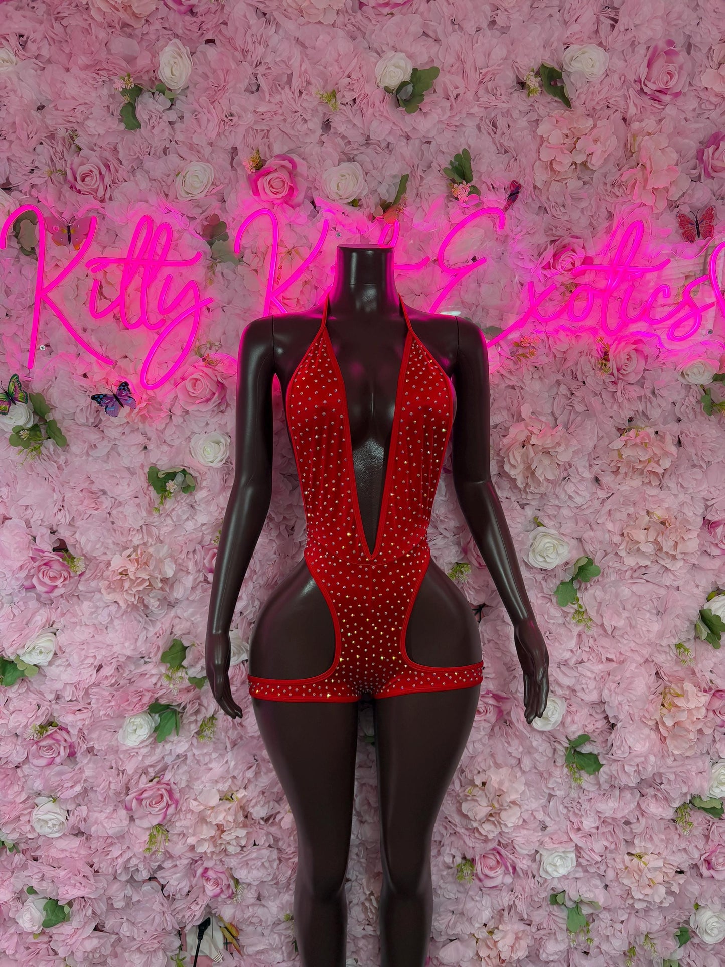 Rave Outfit One-Piece Red Rhinestone Costume  Sparkly Stripper Outfit, Go-Go Dancer Set