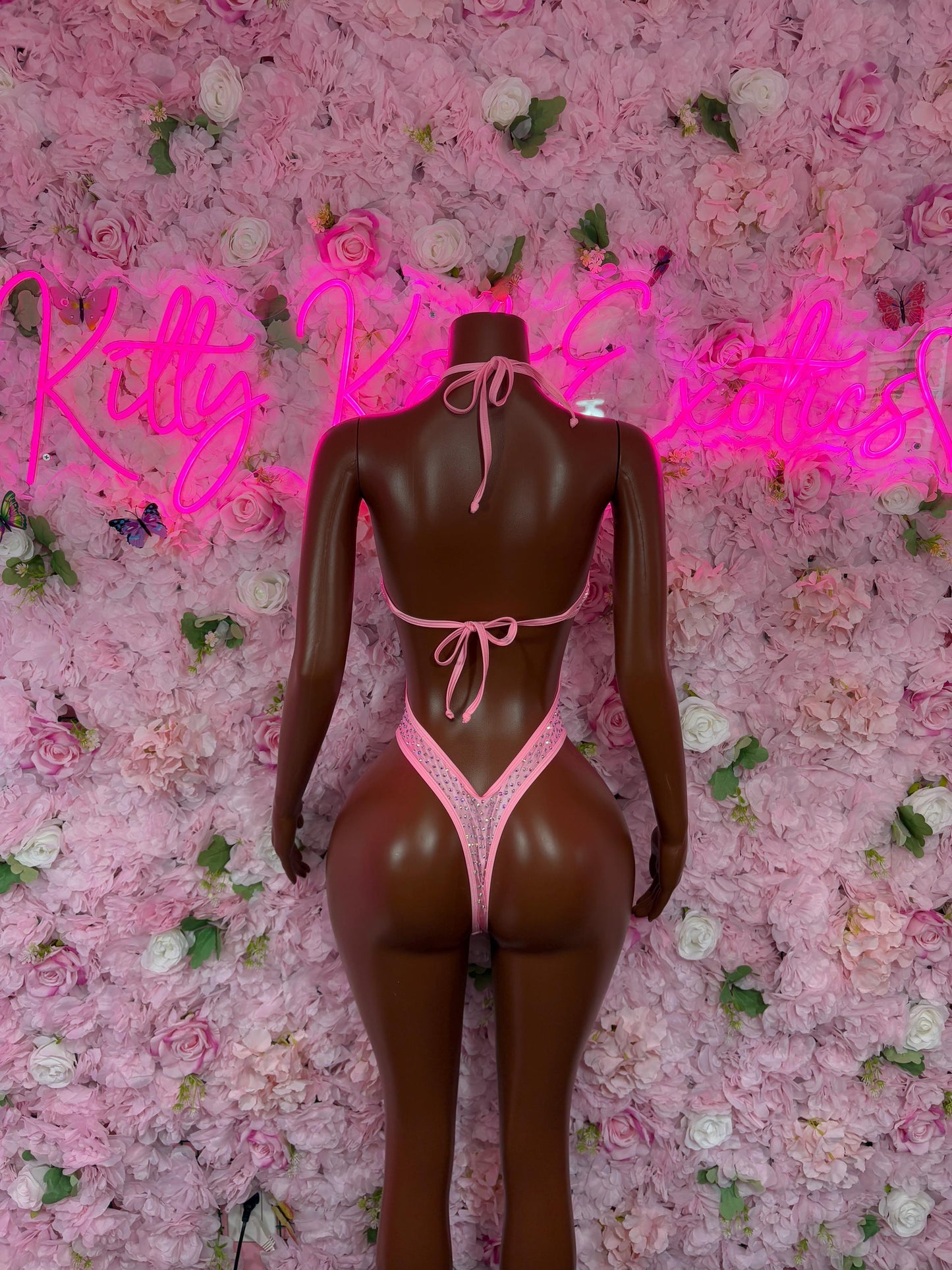 Rave Outfit One-Piece Pink Rhinestone Costume  Sparkly Stripper Outfit, Go-Go Dancer Set